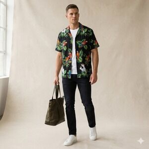 Pacific Legend Parrot Hawaiian Shirt Medium Cotton Tropical Aloha Resortwear